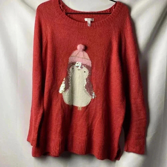 LAUREN CONRAD WO SIZE XL PETITE  SOFT ROSE RED METALLIC THREAD SWEATER PENGUIN - Picture 2 of 12